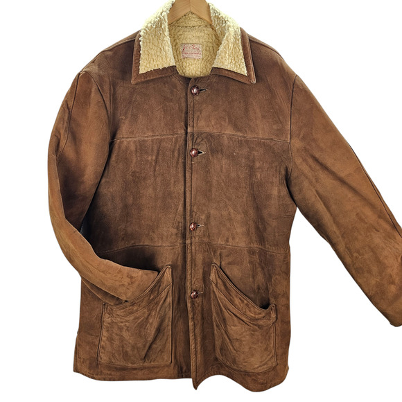 Vtg 70s Leather Suede Jacket Mens 48 Sherpa Lined Ranch Chore Coat Brown JooKay